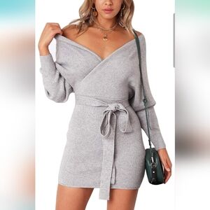 Misscat Vneck Knit Wrap Sweater Batwing Long Sleeve Dress with Belt Gray Small